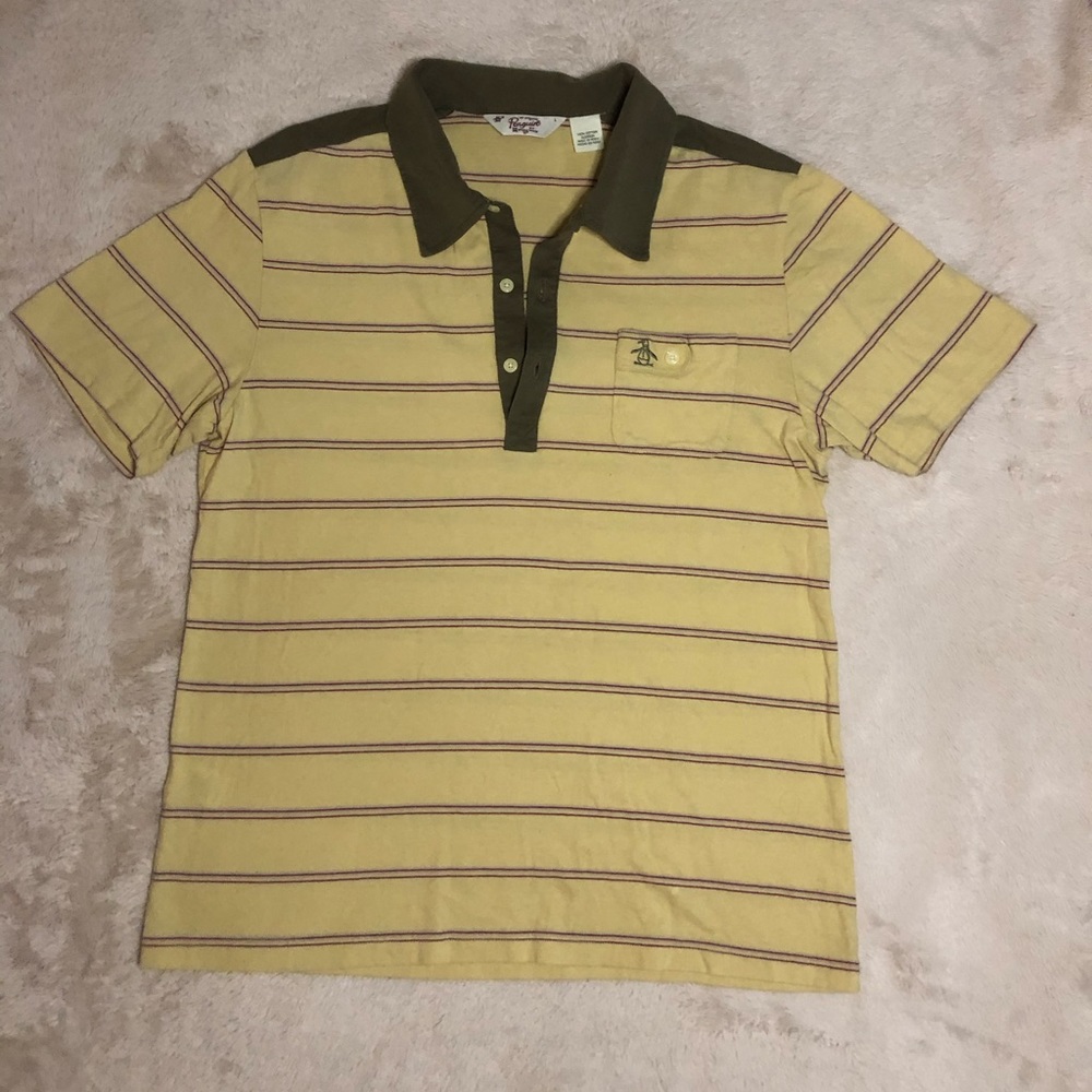 Men’s Penguin Brand Yellow Striped Polo Sz L